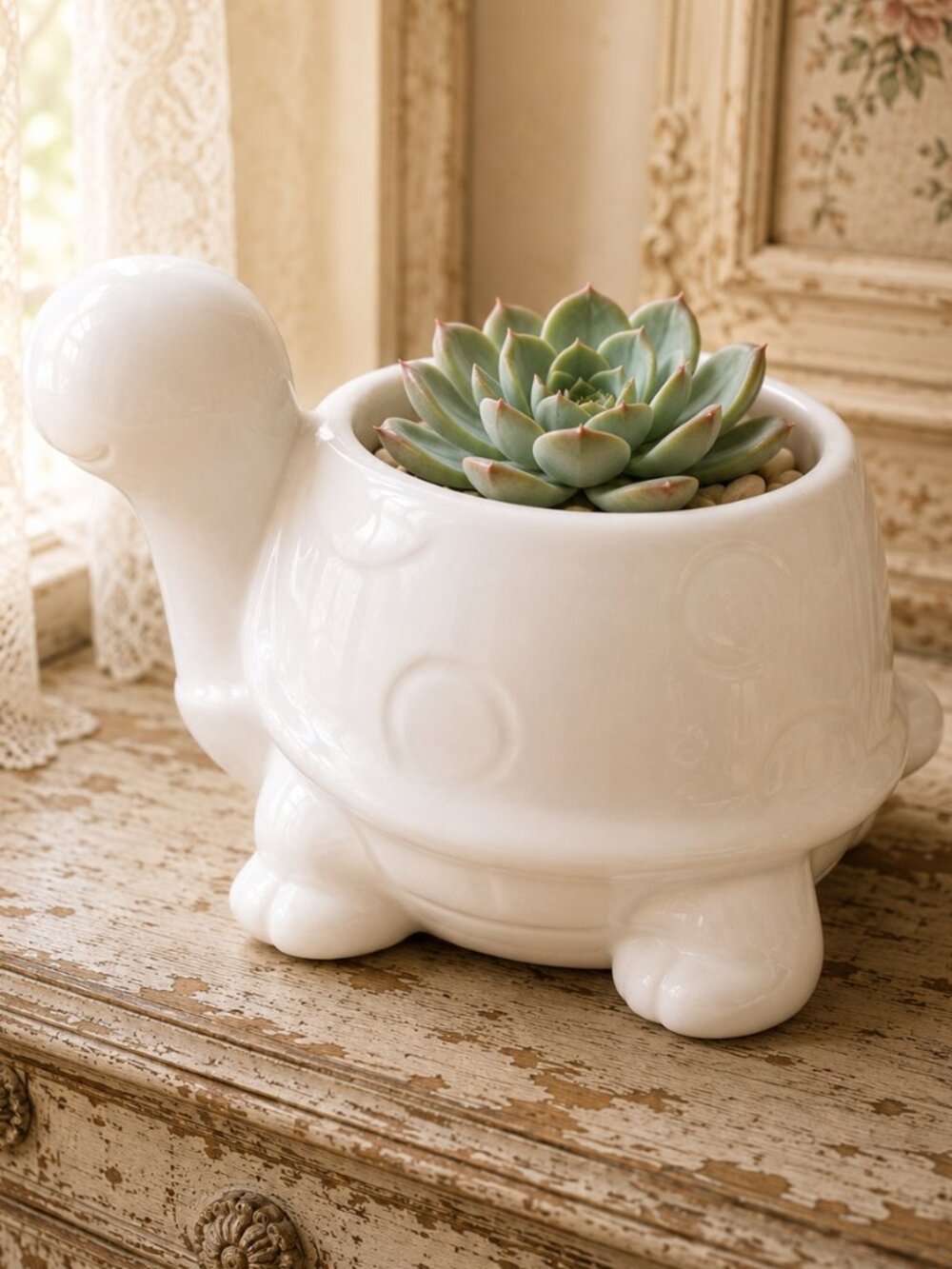 Vintage White Turtle Animal Ceramic Succulent Planter Pot
